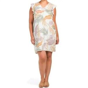 Tahari Linen Shift Mini Dress Plus Size 1X Floral Tropical Flutter Sleeve Casual